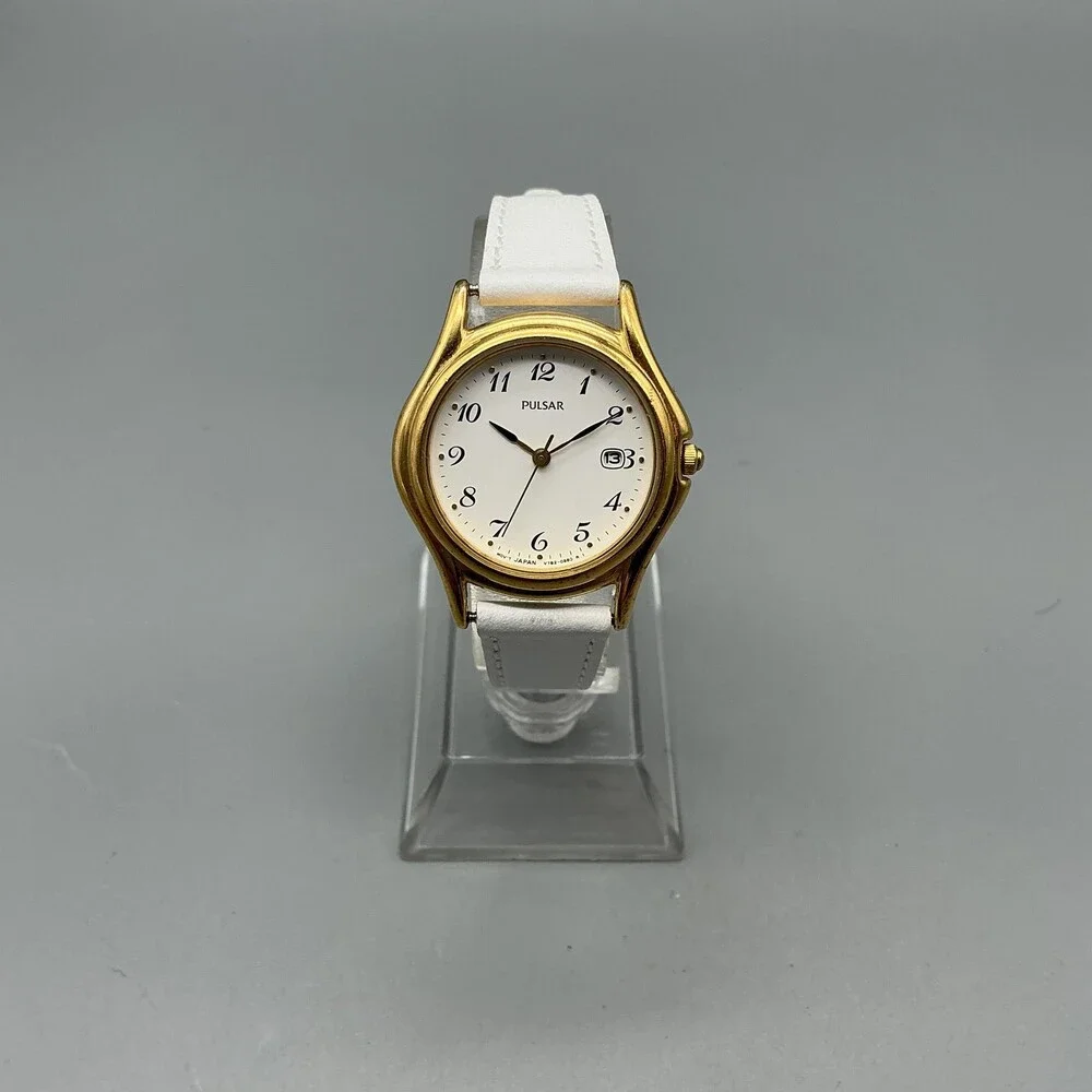 Pulsar V782-0E30 Womens Watch 28mm Gold Tone White Leather New Battery